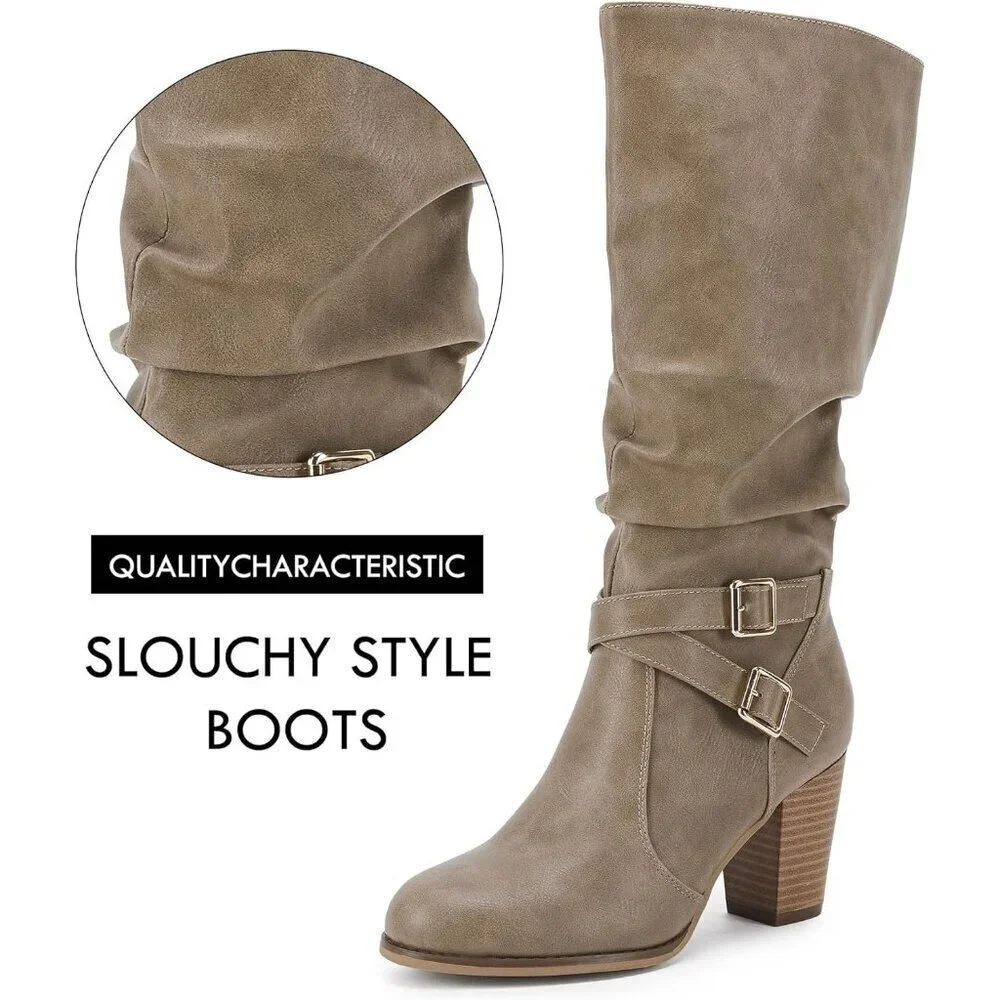 Women Chocolate Mid Knee High Boot Chunky Heel Slouchy Metal Buckle Winter Shoes